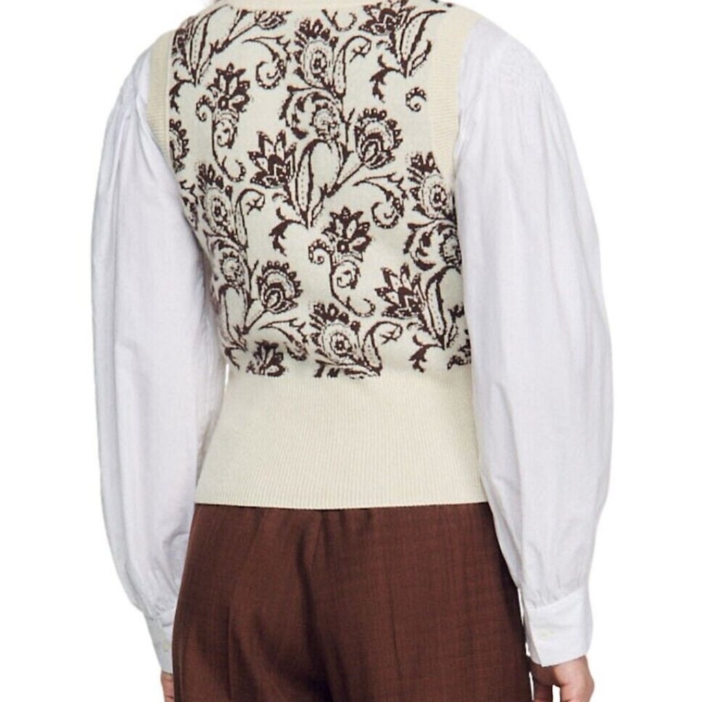 Women's Sandro Sweater Vest Brown Ivory Size 0 XS - Picture 2 of 8